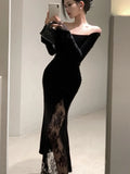 Women's Sexy Black Velvet Dress Elegant Chic Off Shoulder Lace Split Evening Party Dresses Autumn Female Bodycon Vestidos Mujer