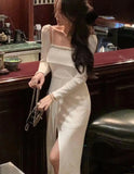 Autumn New Women Fashion Elegant Long Sleeve Midi White Black Dresses Evening Prom Female Party Lady Clothes Vestdios