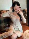 Y2K Sweet Knitted Skirts Suit Turn-down Collar Single Breasted Cardigan Top + Pleat A-Line Mini Skirt Womens Two Pieces Set New