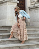 New Casual Womens Solid Ball Gown Long Skirt Tulle High Waist Pleated Elegant Ladies Wild Mesh Dating Maxi Skirts Drop