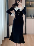 Women's Velvet Midi Dress Autumn Patchwork Long Sleeve High Waist Mermaid French Vintage Evening Party Prom Robe Vestidos New