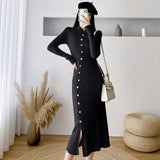 Korean Fashion Bodycon Knit Midi Dresses for Women New Autumn Elegant Sexy Slim Black Long Sleeve Sweater Female Clothing