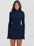 Women Elegant Dark Blue Commuting Mini Dress Autumn Sexy Pocket Long Sleeve Bodycon Dresses Lady Chic Party Club Robe