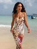 Sexy Spaghetti Strap Lace Up Print Slim Party Club Beach Holiday Dress Women Tight Backless Female Vestidos Summer