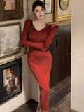 Elegant Solid Knitted Womens Dresses Vintage V-Neck Long Sleeves Evening Party Midi Dress Autumn Female One Piece Vestidos New