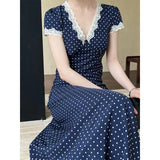 Summer Lace Patchwork Polka Dot Dress Women V-neck Elegant High Waist A-line Midi Dresses