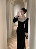 Vintage Fashions Black Long Sleeves Velvet Midi Dresses for Women Autumn New Elegant Chic Evening Birthday Party Female Clothing