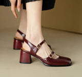 Patent Leather Mary Jane Sandals Women Block High Heels Double Buckle Shoes Woman Square Toe Big Size 44-46 Sandal Shoe