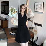 Korean Black Patchwork Short Dresses Women Autumn New Fashion Slim Office Lady Notched Collar Long Sleeves Female Clothing