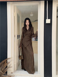 Brown Pleate Elegant 2 Piece Sets Women Outfit V Neck Long Sleeve Cardigan Top And Maxi Skirt Set Fall Clothes