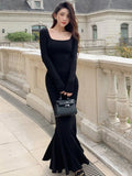 Autumn Sexy Black Mermaid Party Dress for Women Square Collar Long Sleeve Slim Bodycon Vestidos Elegant Streetwear Long Robe