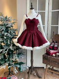 Christmas New Year 3 Piece Set Sweet Lolita Style Dress Sets Womens Elegant Chic Bow Plush Shawl Short Jackets Mini Skirts Suit