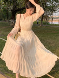 French Elegant Dress Women Vintage A-line Flare Sleeve Spring Autumn Fashion Casual Solid Party Prom Robe Vestidos New