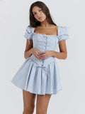 Elegant Short Puff Sleeve Sexy Mini Dress Women Fashion Square Collar Backless A-line Pleated Club Party Dress Vintage