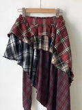 Streetwear High Waist A-line Skirts Vintage All-match Clothing Irregular Patchwork Red Plaid Design Skirt Faldas