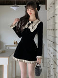 Y2K Sweet Velvet Womens Dresses French Patchwork Princess Flare Long Sleeves Birthday Party Mini Dress Female Short Vestidos New