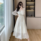 Elegant Fashion Casual Party Midi Dresses for Women Summer New Embroidered Flares V-neck Long Sleeve Female Clothing Korean