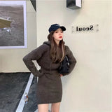 Streetwear Knitted Mini Dress Women Hooded Sweater A Line Dresses Winter Korean Solid High Waist Slim Casual Vestidos New