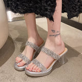 Summer New Thick Sole Thick Heel Slippers for Women Wearing Silver Open Toe Double Striped High Heel Sandals with Sequins