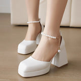 Summer Platform Princess Sandals String Bead Sweet Square Toe High Heels Lolita Fashion Wedding Girls Shoes Pink White