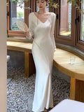 Elegant Satin Mermaid Long Dresses for Women Wedding Evening Party Dress Prom Robe Solid V-neck Long Sleeves One Piece Vestido