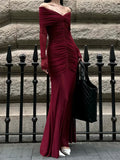 Sexy V-neck Ruched Evening Dress Women Red Retro Long Sleeve Sheer Mesh Fishtail Maxi Long One-piece Formal Party Gown