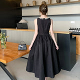 Elegant Black Midi Dress for Women Summer New Fashion Sleeveless A-line Pleated Solid Office Casual Korean Female Clothing