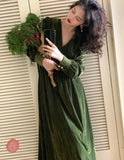 Women Vintage V Neck Velvet Dresses French Style Elegant Slim Waist Party Prom Robe Autumn Winter Long Sleeve One Piece Vestidos