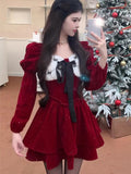 Sweet Velvet Dress for Women Elegant Square Collar Long Sleeves Christmas Birthday Party Dresses Female Prom A-Line Vestidos New