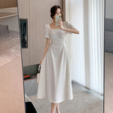 Summer New Elegant Party White Midi Dresses for Women Korean Square Collar Puff Sleeve Slim Holiday Casual Female Clothing