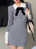 Y2K Autumn Knitted Bodycon Short Dresses Women Long Sleeves Bow Turn-down Collar Slim Dress Korean Chic Vestidos Mujer New