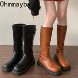 Vintage Women Knee High Boots Fashion Side Zippers Belt Buckle Shoes Autumn Winter Ladies Knight Long Booties