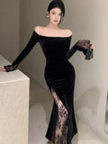 Women's Sexy Black Velvet Dress Elegant Chic Off Shoulder Lace Split Evening Party Dresses Autumn Female Bodycon Vestidos Mujer