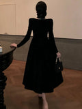 Autumn Winter Black Velvet Midi Dress Women France Vintage Long Sleeve Square Collar Birthday Party A-Line Vestidos Female Robe