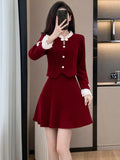 Y2K Sweet Corduroy Skirt Suit Fashion New Patchwork Flare Long Sleeves Top + Slim Waist A-Line Skirts Women's Two Pieces Set New