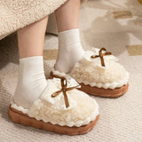 Women's Designer cute Home Platform Shoes  Winter Elegant Warm Furry Bow Slippers Causal Comfort House Bedroom Shoes Slides