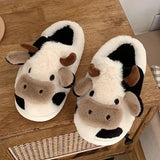 Women's Cartoon Cute Cow House Slippers Warm Plus Lined Closed Toe Fuzzy Home Slides Women's Fluffy Comfy Shoes Winter Autumn