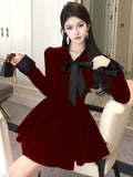 French Christmas Velvet Womens Dresses Elegant Bow Lace-up Birthday Party Short Dress Autumn Winter Female A-Line Vestidos New