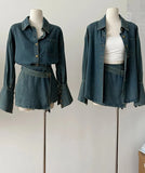 Autumn Winter American Vintage Women 2000s Aesthetic Denim Y2k Outfits 2 Piece Skirt Set Long Sleeve Jean Jacket + Mini Culottes