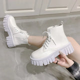 New Women White Ankle Boots PU Leather Thick Sole Lace Up Combat Booties Female Autumn Winter Platform Shoes Woman