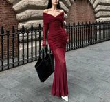 Sexy V-neck Ruched Evening Dress Women Red Retro Long Sleeve Sheer Mesh Fishtail Maxi Long One-piece Formal Party Gown