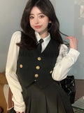 Japanese Preppy Style Three Piece Sets Women Black Vintage Vest + +White Casual Blouse +Mini Pleated Skirt Female Chic Clothes