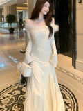 Elegant Solid Mermaid Long Dress for Women Autumn Chic Off Shoulder Flare Sleeve Bodycon Vestidos Vintage Evening Party Robe New