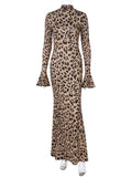 Leopard Print Long Sleeve Sexy Maxi Dress For Women Autumn Winter New Turtleneck High Waist Bodycon Club Print Dress