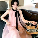 Summer New Loose Hanging Neck Tie Bow French Gentle Style Instagram Dress Women's Beach Vacation Skirt