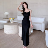 Elegant Party Black Satin Midi Dresses for Women Summer New Sexy Fashion Bodycon Sleeveless Split Strap Female Clothing