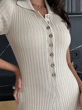 Elegant Solid Buttons Knitted Maxi Dress Women Slim Lapel Short Sleeve Ribbed Dresses Summer Female Chic Streetwear Robe