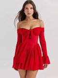 Elegant Strapless Backless Sexy Mini Dress For Women Red Off-shoulder Long Flare Sleeve Pleated Club Party Dress 