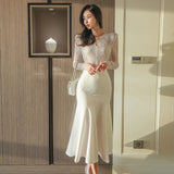 Vintage White Lace Patchwork Midi Dresses for Women Spring Summer New Elegant Party Slim Evening Prom Sexy Female Clothing