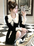 French Princess Womens Dresses Y2K Sweet Bow Lace-up Long Sleeves Birthday Party Mini Dress Female One Piece A-Line Vestidos New